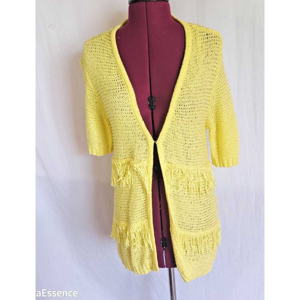 Peck & Peck Vibrant Summer Yellow Fringe Open Knit Cardigan Short Sleeves Sz S